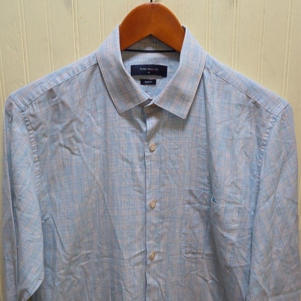 Peter England Dress Shirt Mens 40 Blue Check Slim Fit Long Sleeve Woven